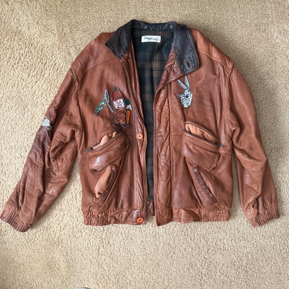 Philippe Monet Brown Genuine Leather Button Zip Up Jacket & Looney Tunes Patches